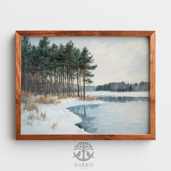 Winter Lake With Pine Trees Painting Serene Frozen Landscape Moody Wall Art Rustic Snow Scene 542