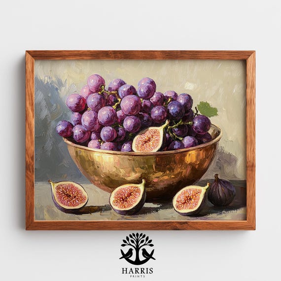 Rustic Stilllife With Concord Grapes Figs Vintage Farmhouse Autumn Art Moody Painting Wall Decor 283