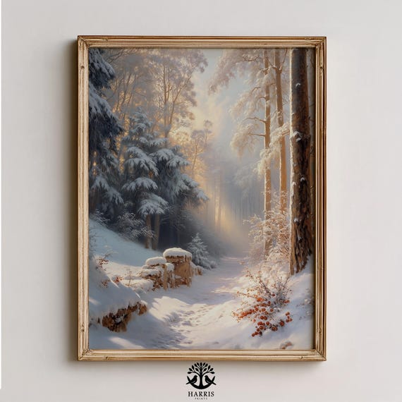 Winter Forest Path In Sunlit Clearing Moody Snow Scene Serene Rustic Landscape Wall Art Classic Print 483