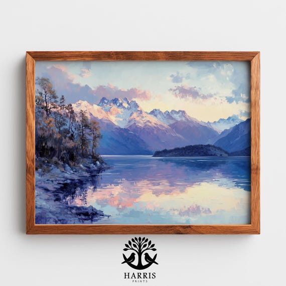 Mountain Lake Print Snowcapped Peaks Painting Scenic Wall Art Tranquil Landscape Country Decorative 383