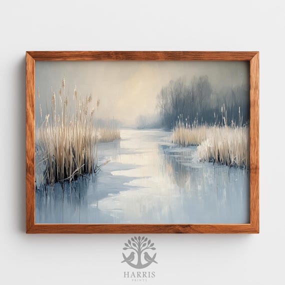 Moody Winter Pond With Frosty Reeds Tranquil Neutral Landscape Wall Art Serene Frozen Stream Print 527