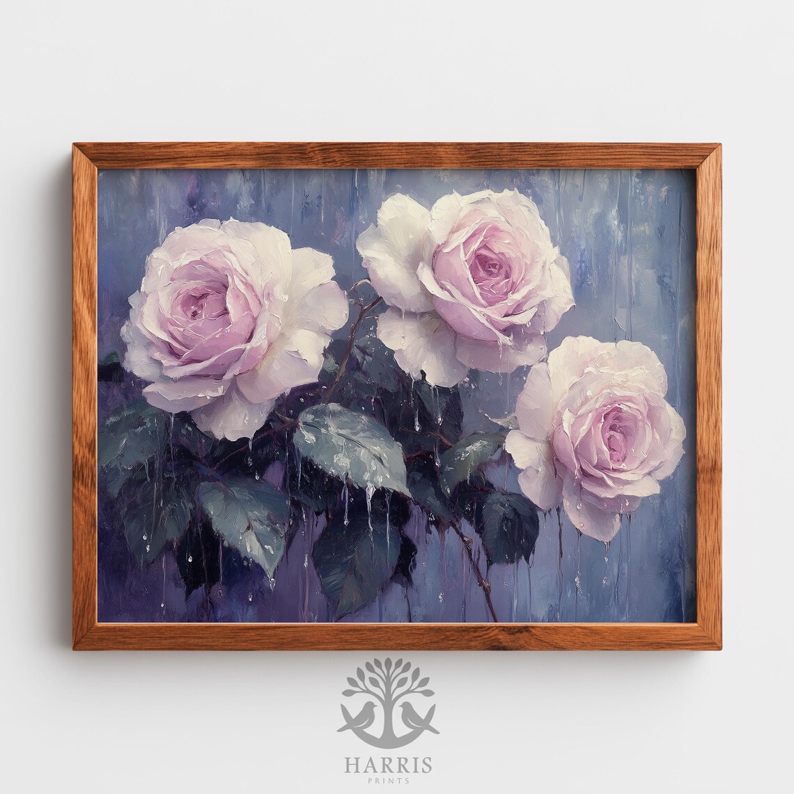 Winter Roses Oil Painting Moody Pink Blooms Rainy Floral Print