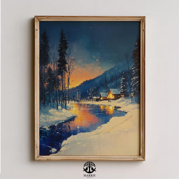 Vintage Snowy Riverside Cabin Cozy Winter Landscape Art Nostalgic Twilight Scene Pine Trees And Glow Reflections 476