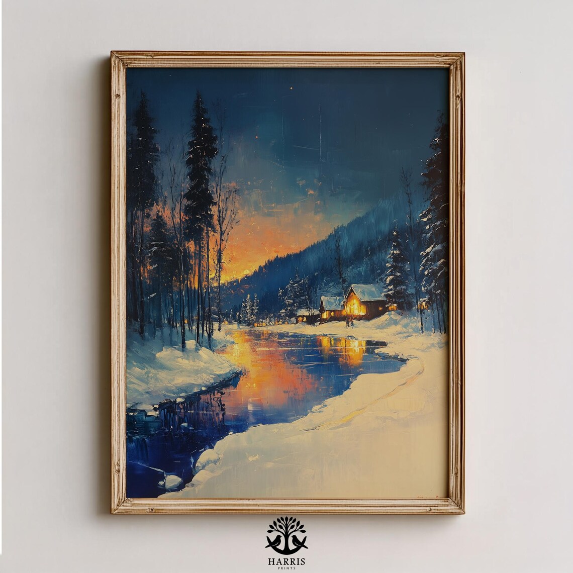 Winter Cabin Night Frozen Lake Snowy Forest Magical Scene Art Print