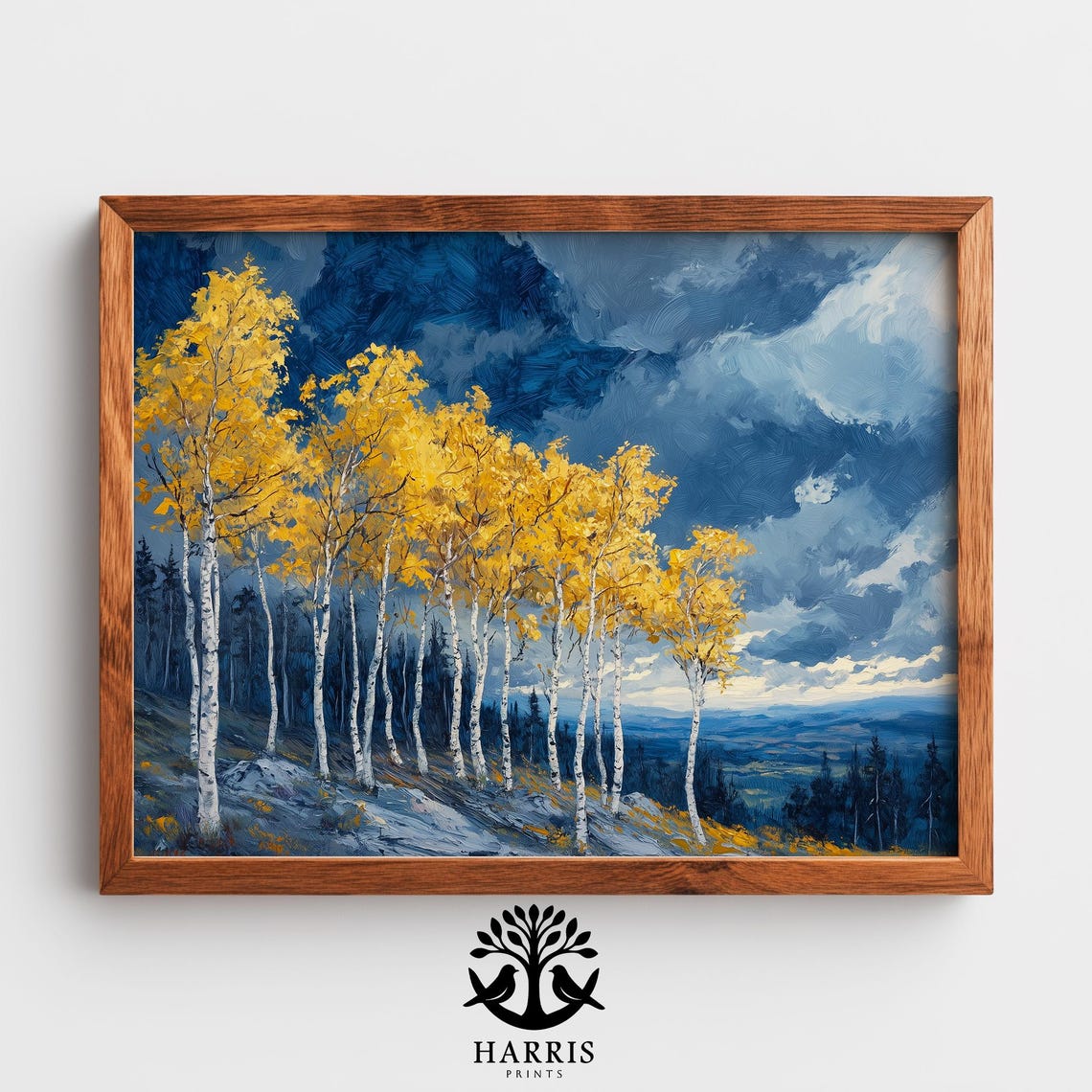 Rustic Autumn Birch Tree Dramatic Fall Landscape Painting Moody Earthy Wall Art Stormfilled Sky And Forest Ridge 301