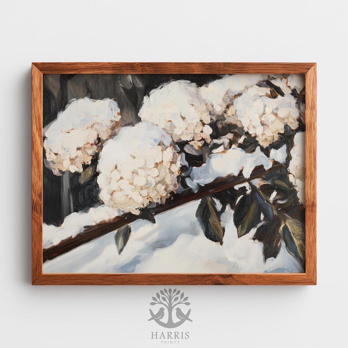 Moody Winter Hydrangea Snowcovered Blooms Rustic Farmhouse Botanical Art Cozy Neutral Decor Painting 574