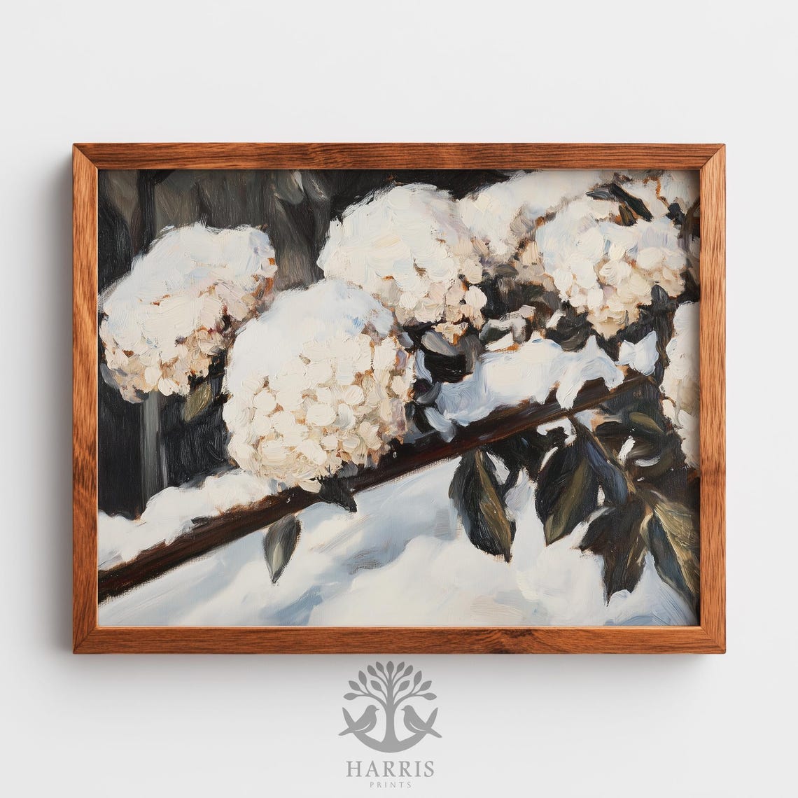 Snow Covered Hydrangea Oil Painting Winter Floral Wall Print
