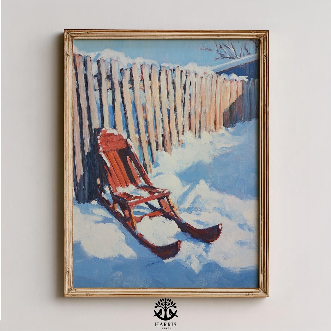 Red Wooden Sled Snowy Fence Winter Farmhouse Nostalgic Poster