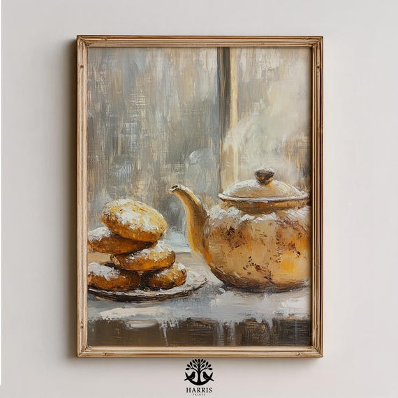 Rustic Teapot And Biscuits Print Cozy Farmhouse Wall Art Vintage Cottage Painting Warm Moody Decor Home Stilllife 320