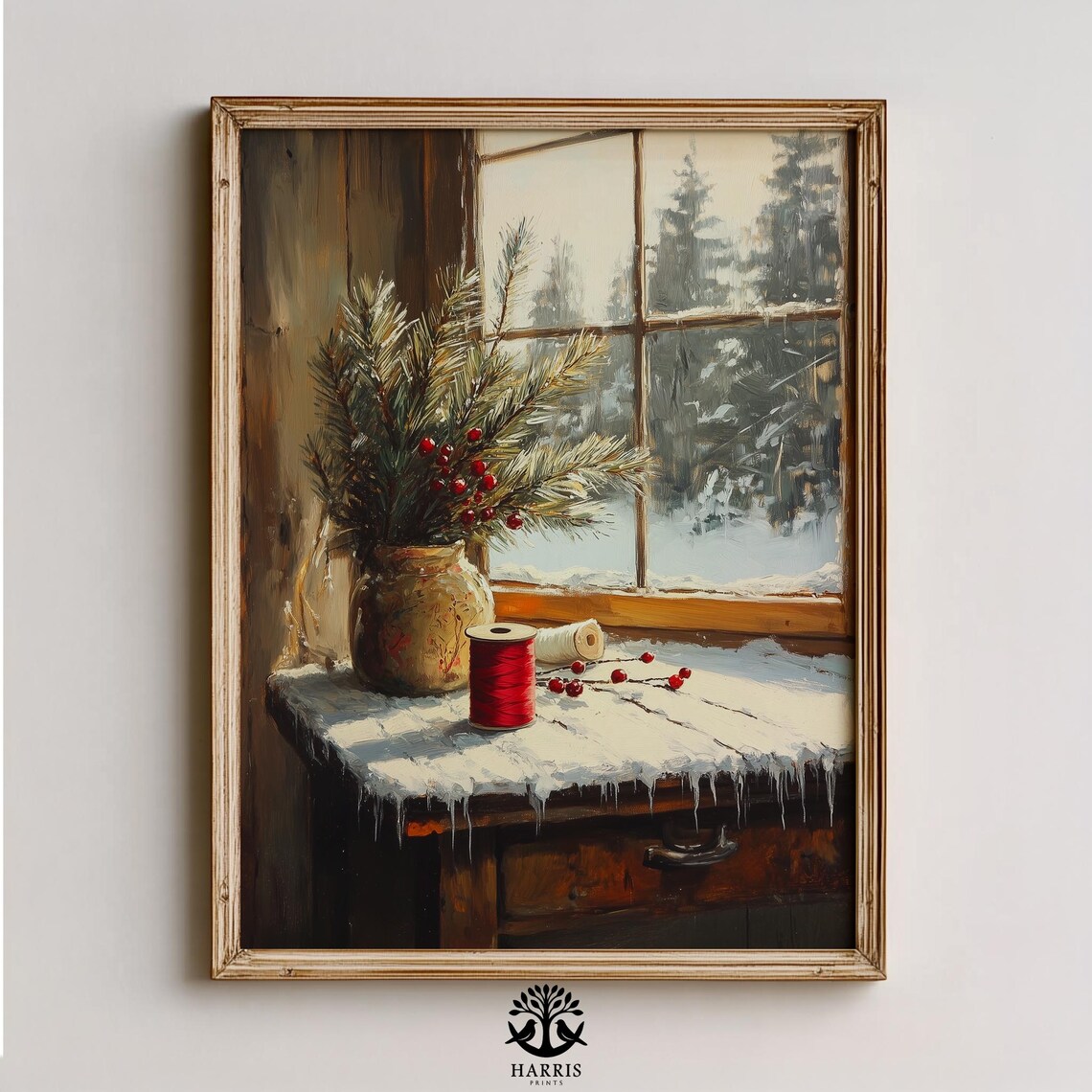 Snowy Pine Still Life Winter Window Scene With Berries And Thread Poster