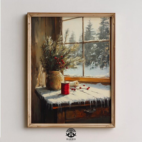 Snowy Pine Still Life Winter Window Scene With Berries And Thread Poster