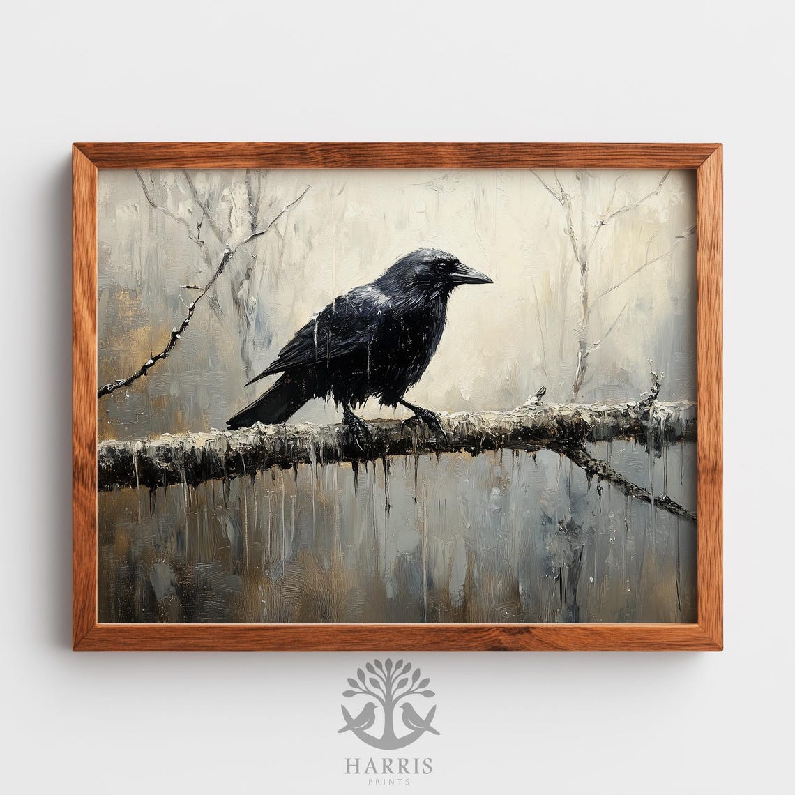 Crow On Rainy Branch Moody Gothic Wall Art Rustic Style Atmospheric Painting Neutral Day Scene 553