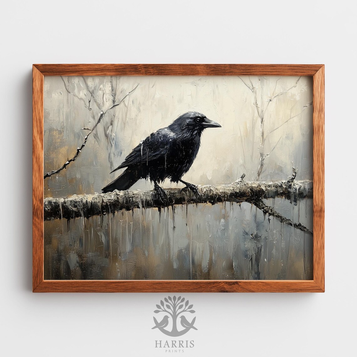 Majestic Black Crow On Snowy Branch Winter Bird Painting Poster