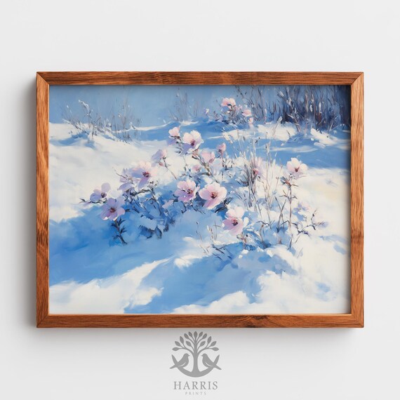 Frostbitten Wildflowers In Snow Painting Winter Botanical Art Moody Serene Decor Farmhouse Wall 565