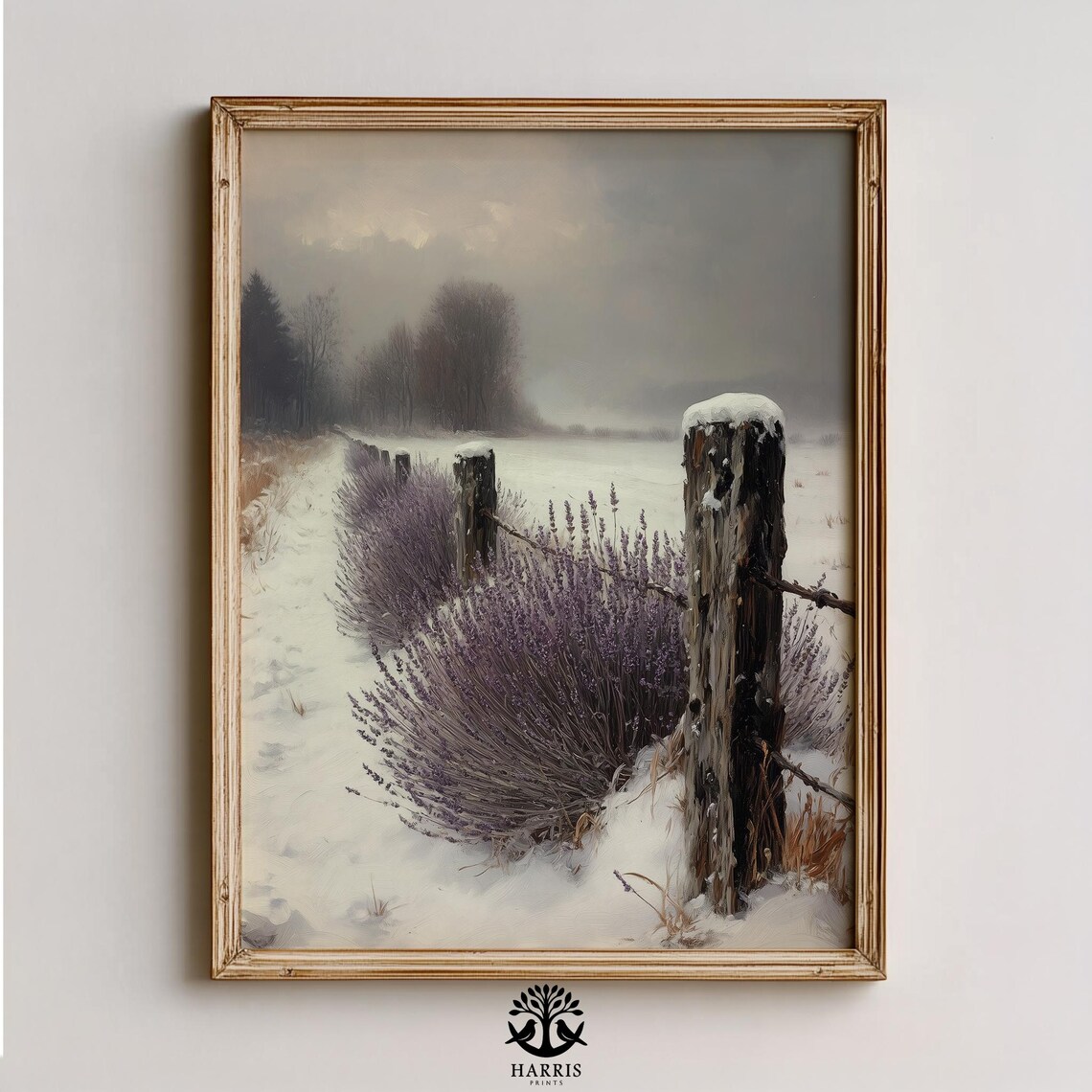 Snowy Lavender Field Winter Wooden Fence Oil Painting Poster