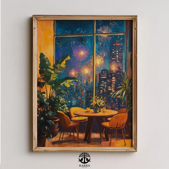 Moody Urban Dining Nook Scene Cozy Vintage Wall Art Lush Monstera Plants And Warm Night Skyline Painting 401