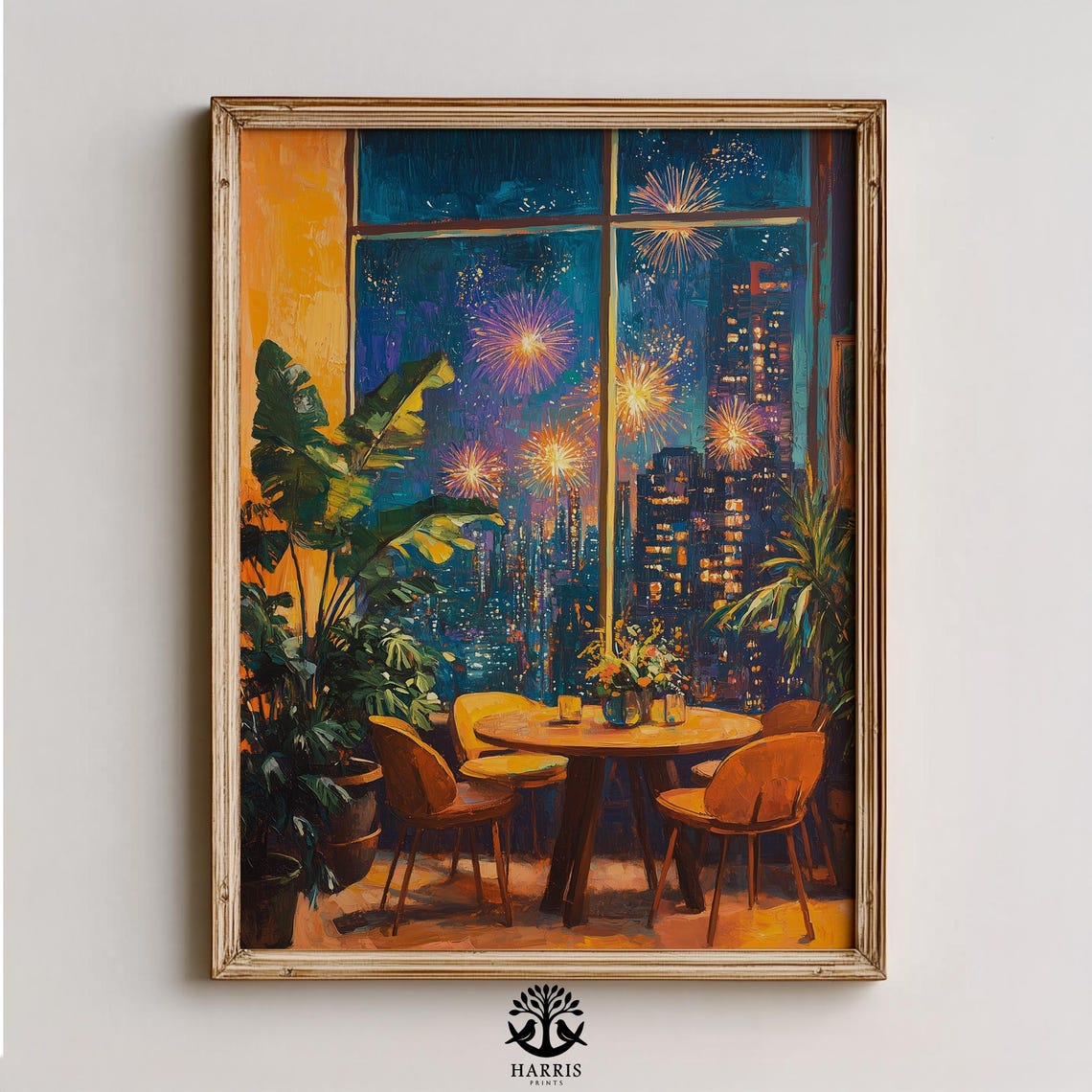 Fireworks City Skyline Night Window Cozy Apartment Art Poster