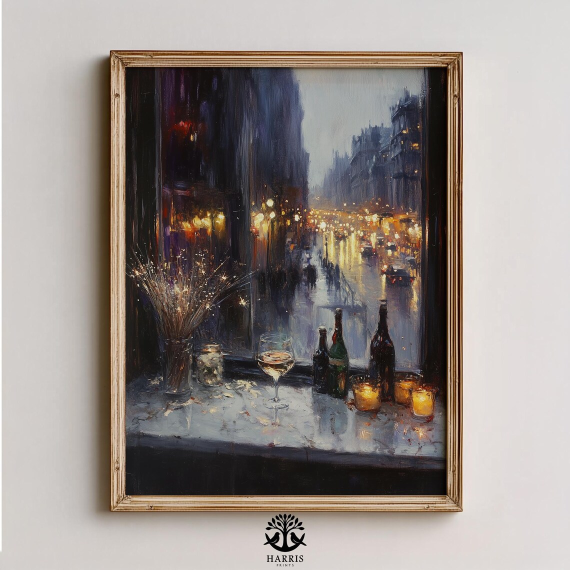 Moody City Cafe Night Wine Glasses Rainy Street Window Print