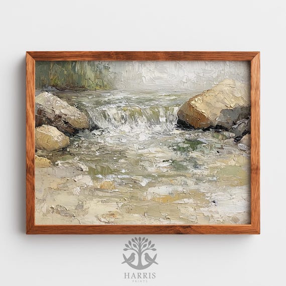 Moody Winter Stream Rustic Landscape Painting Melting Rainwater Over Rocks Serene Earthy Wall Art Print 528