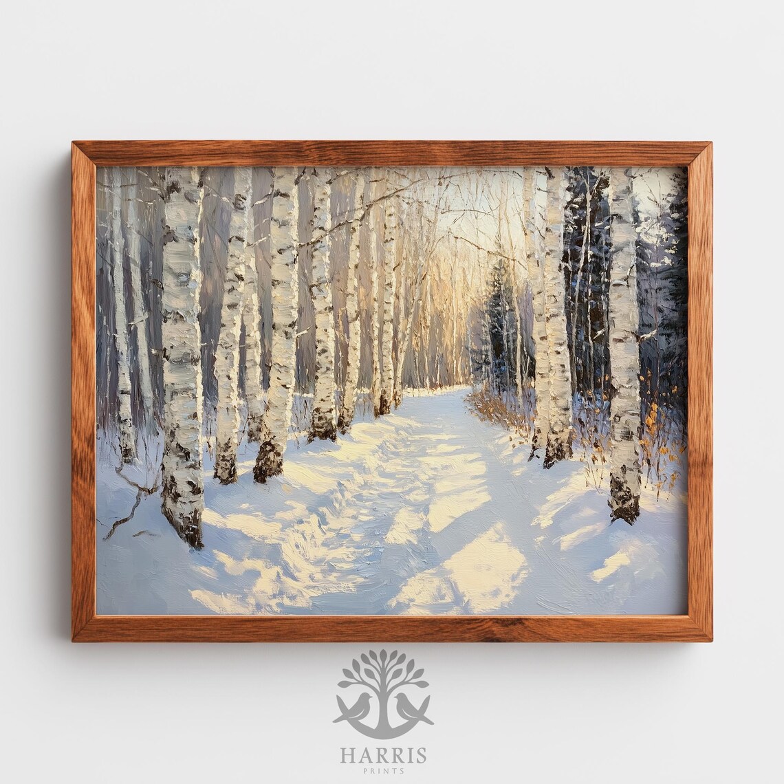Snowy Birch Forest Path Winter Sunlight Woodland Painting Print