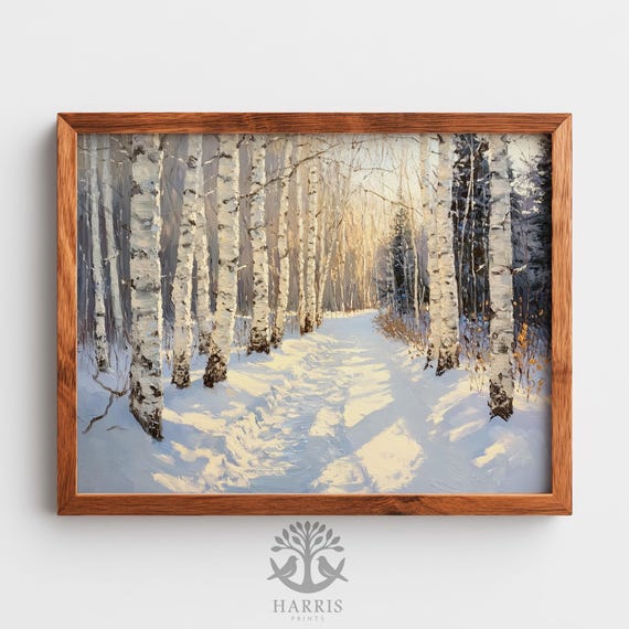 Rustic Winter Path Wall Art Snowcovered Birch Tree Lane Cozy Seasonal Landscape Moody Decor 576