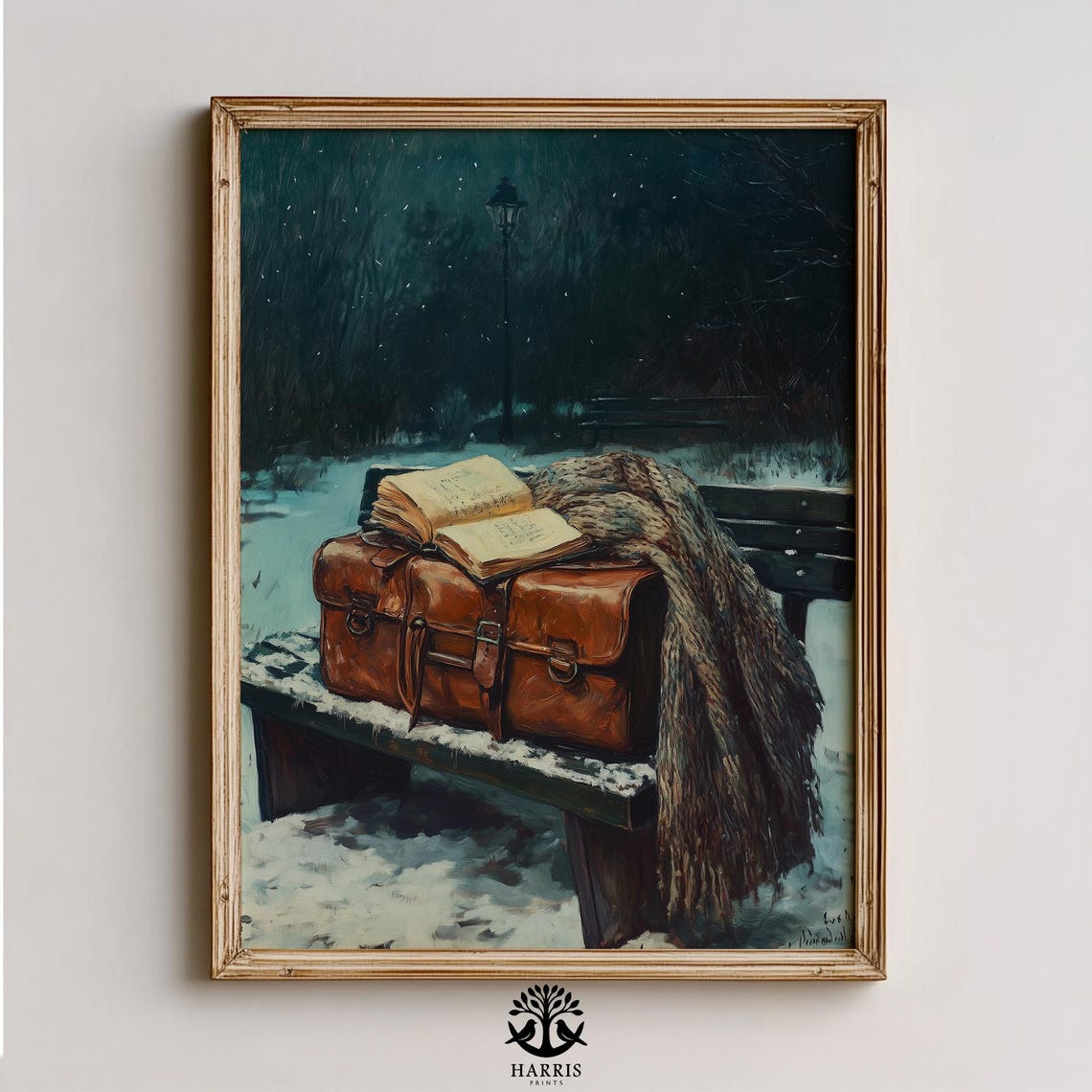 Leather Satchel Open Book Snowy Night Bench Still Life Poster