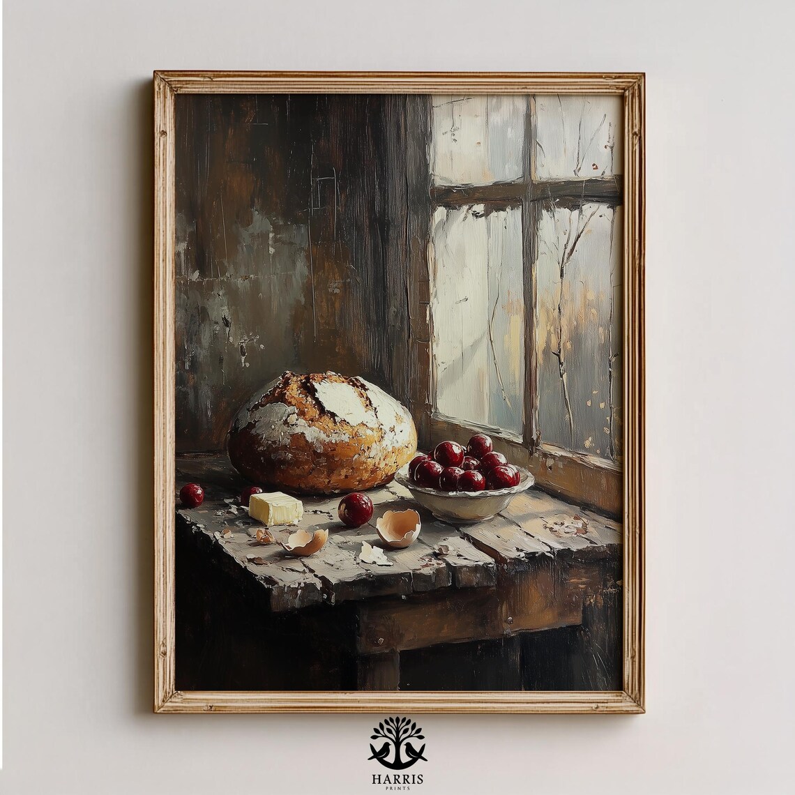 Rustic Bread Cherries Farmhouse Kitchen Window Still Life Poster