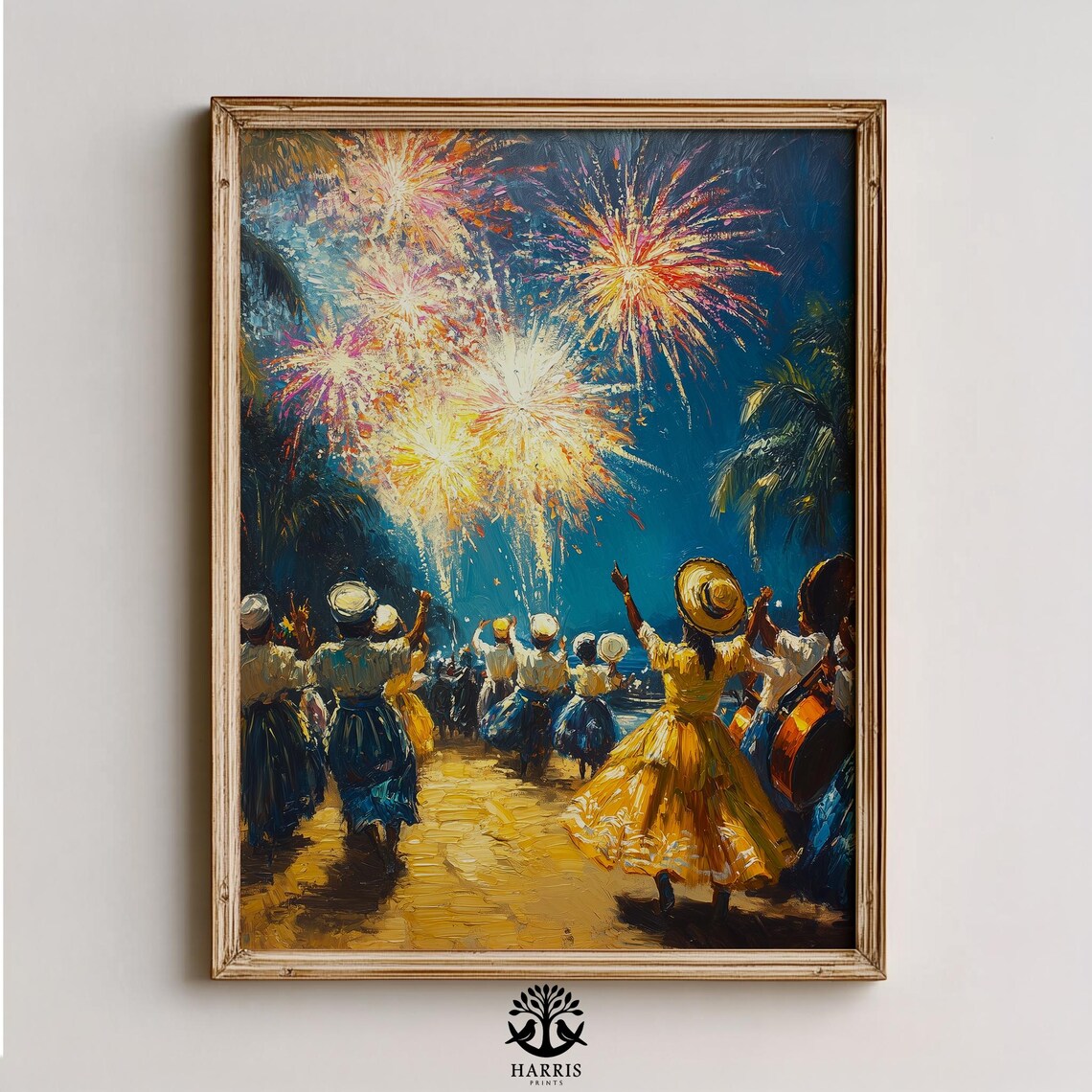 Tropical Night Dancers Fireworks Celebration Scene Oil Art Poster