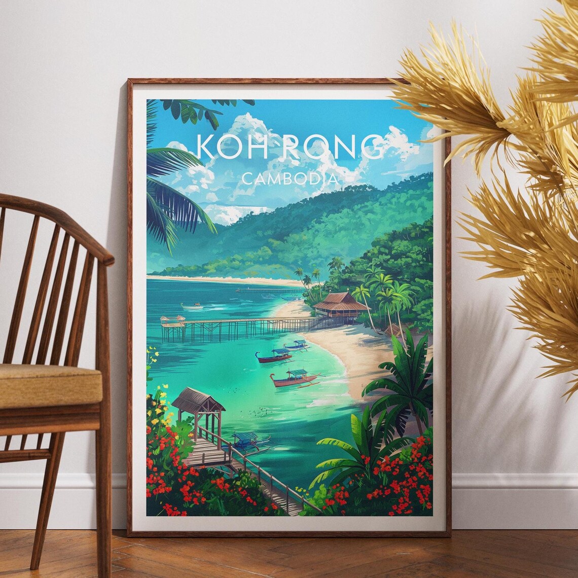 Koh Rong Cambodia Tropical Beach Pier Boats Island Travel Poster
