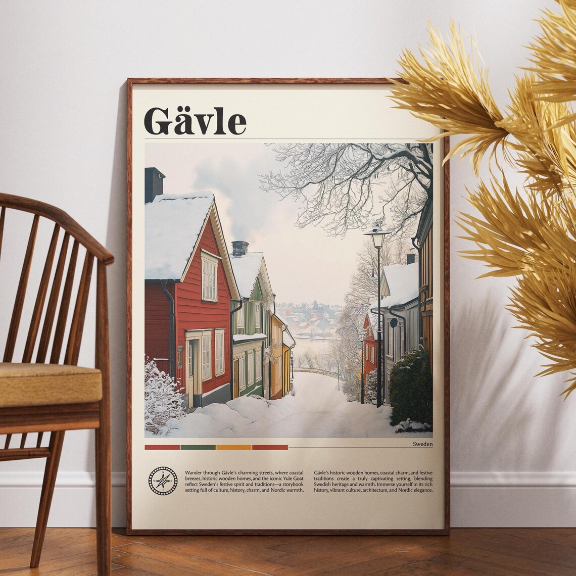 Gavle Sweden Travel Poster Snowy Old Town Wooden Houses Winter Scene