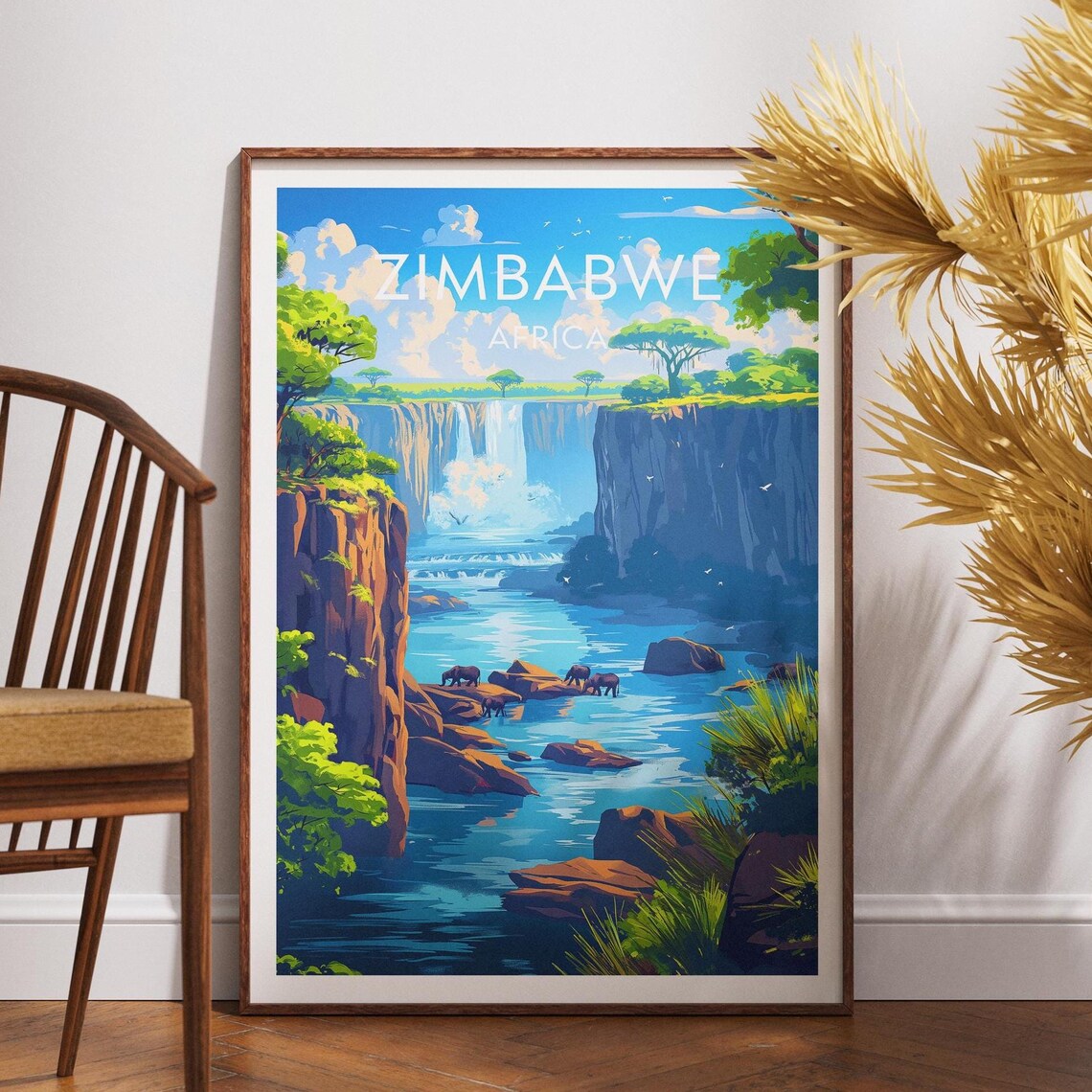 Zimbabwe Africa Waterfall Gorge Elephants Savannah Travel Poster