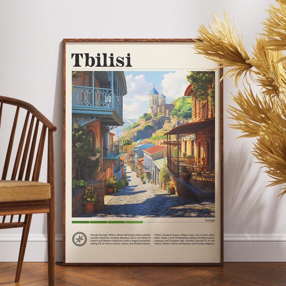 Tbilisi Georgia Old Town Travel Poster Cobblestone Alley Blue Balcony Art