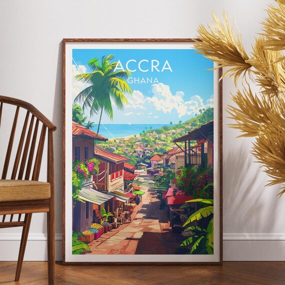 Accra Ghana Vintage Travel Market Street Palm Trees Ocean View Poster