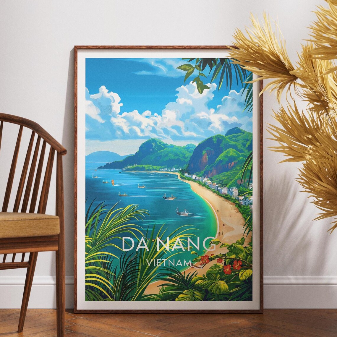 Da Nang Vietnam Beach Bay Boats Mountains Travel Poster Decor