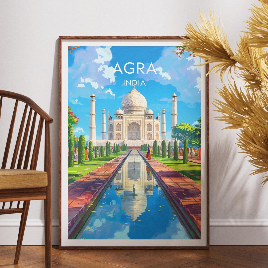 Agra India Taj Mahal Reflecting Pool Gardens Sunrise Travel Poster