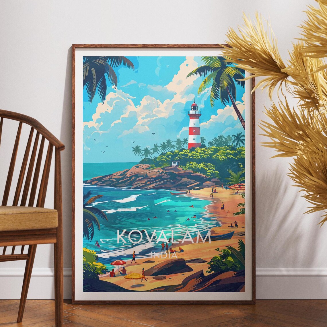 Kovalam India Lighthouse Beach Turquoise Waves Palm Coast Travel Poster
