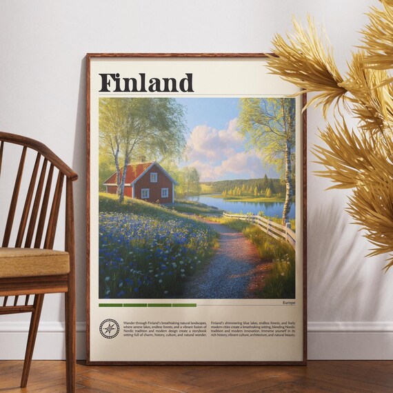 Finland Red Cottage Lakeside Birch Trees Wildflowers Summer Travel Poster
