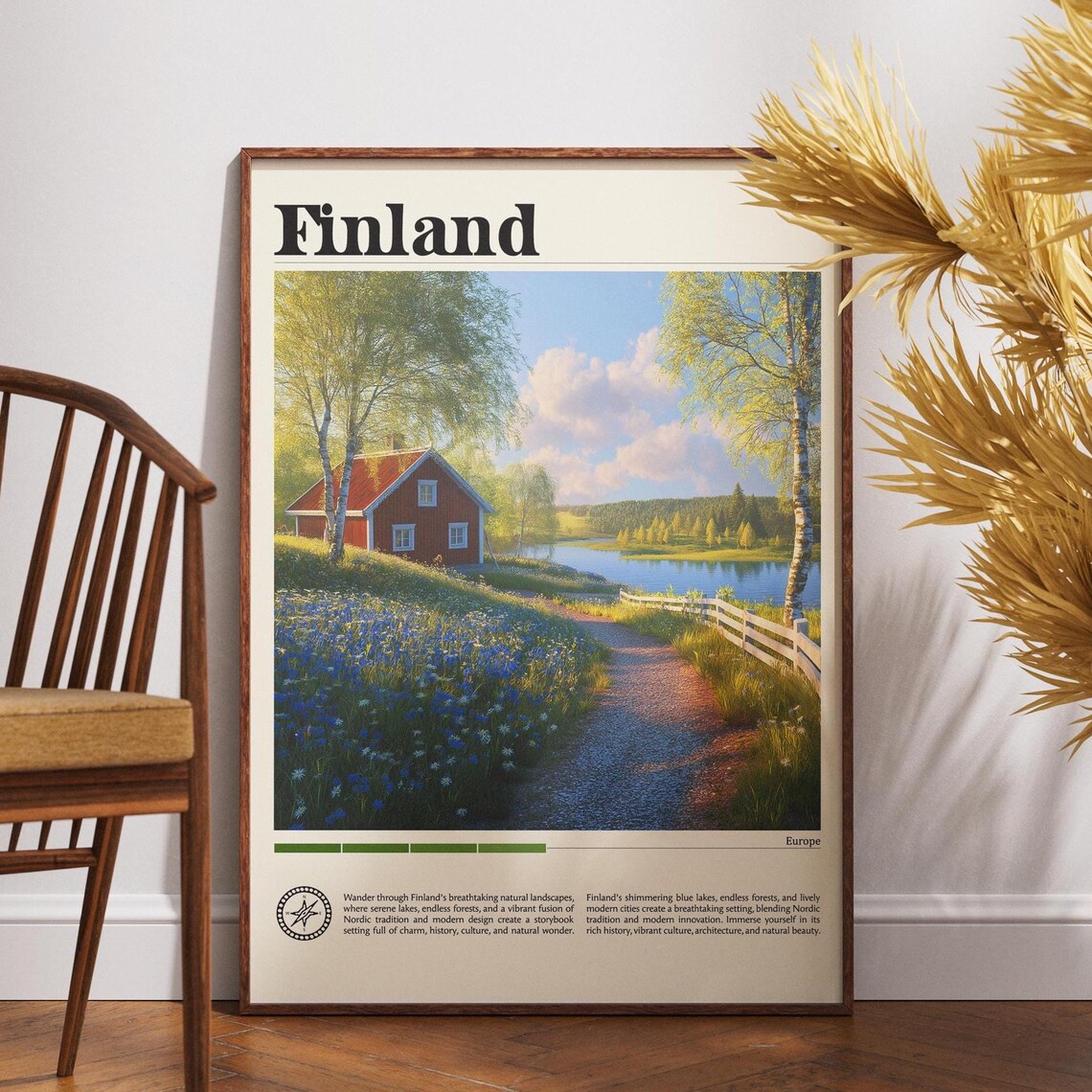 Finland Red Cottage Lakeside Birch Trees Wildflowers Summer Travel Poster