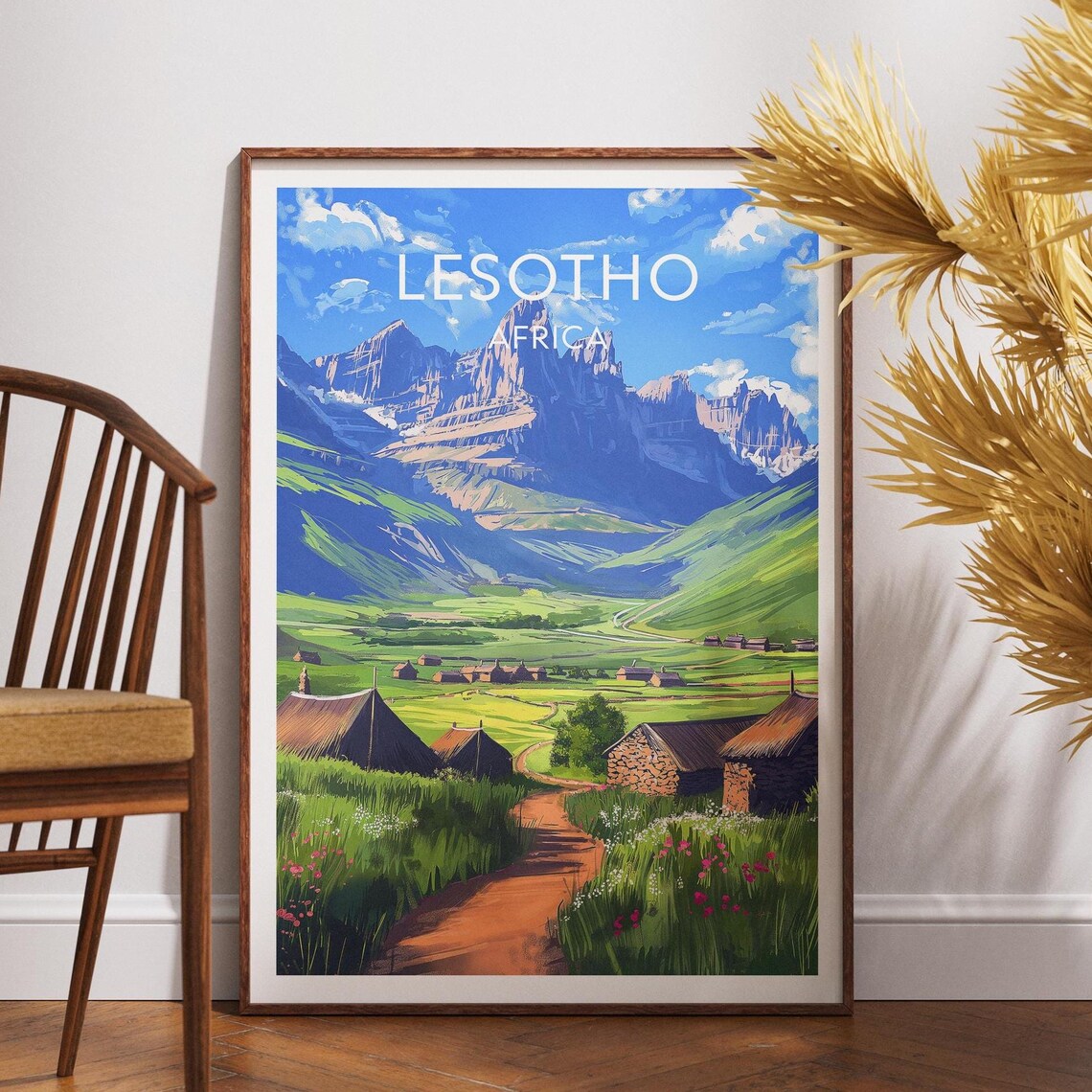 Lesotho Africa Mountain Kingdom Village Vintage Travel Poster