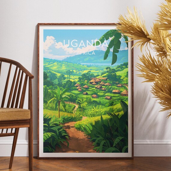 Uganda Africa Verdant Hills Village Path Tropical Travel Poster