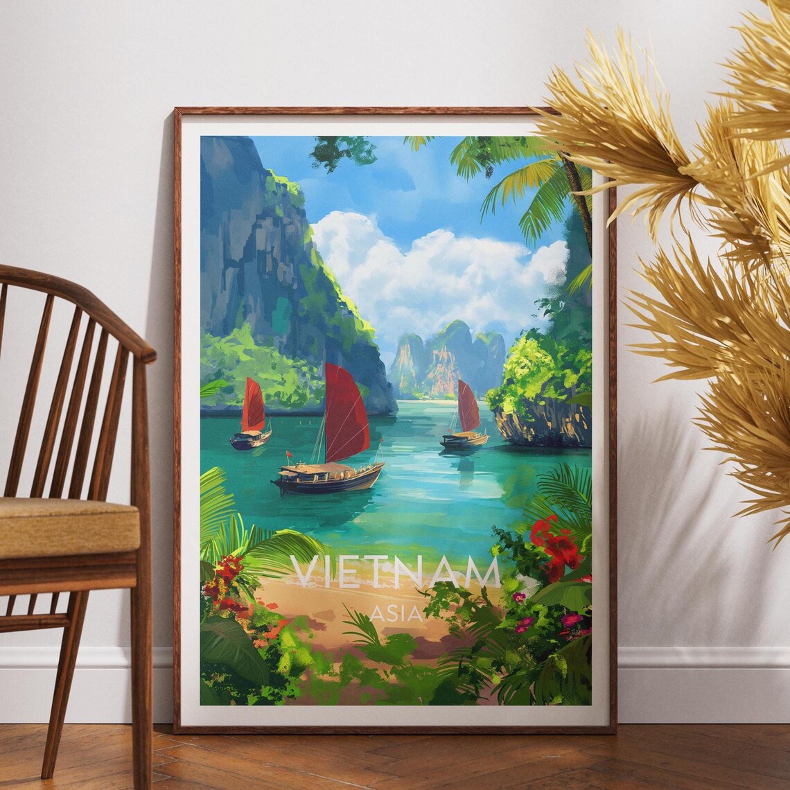 Vietnam Asia Ha Long Bay Red Sail Junks Karsts Travel Poster