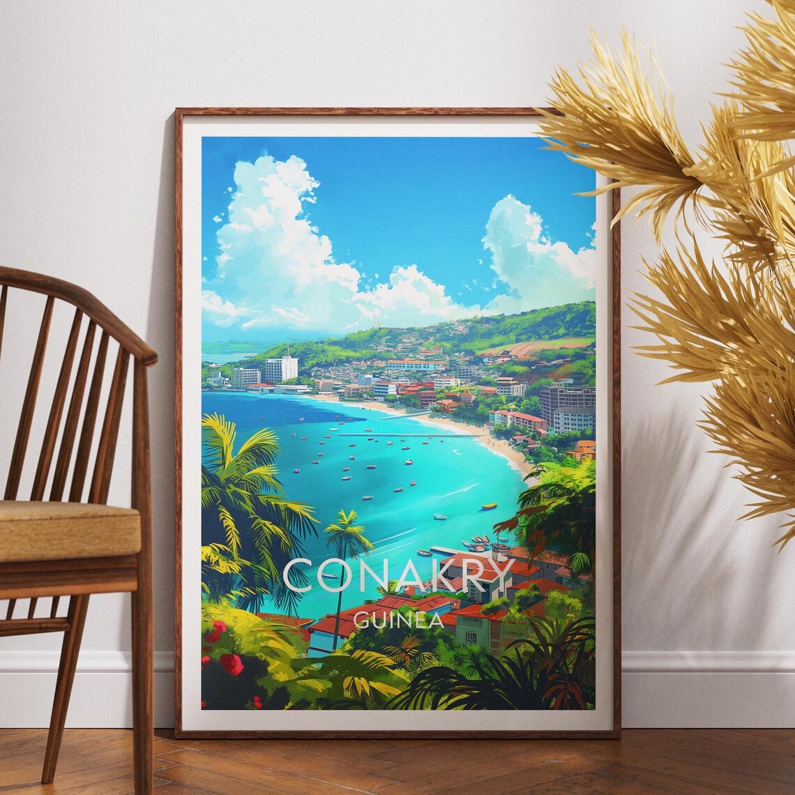 Conakry Guinea Turquoise Bay Harbor Green Hills Retro Travel Poster