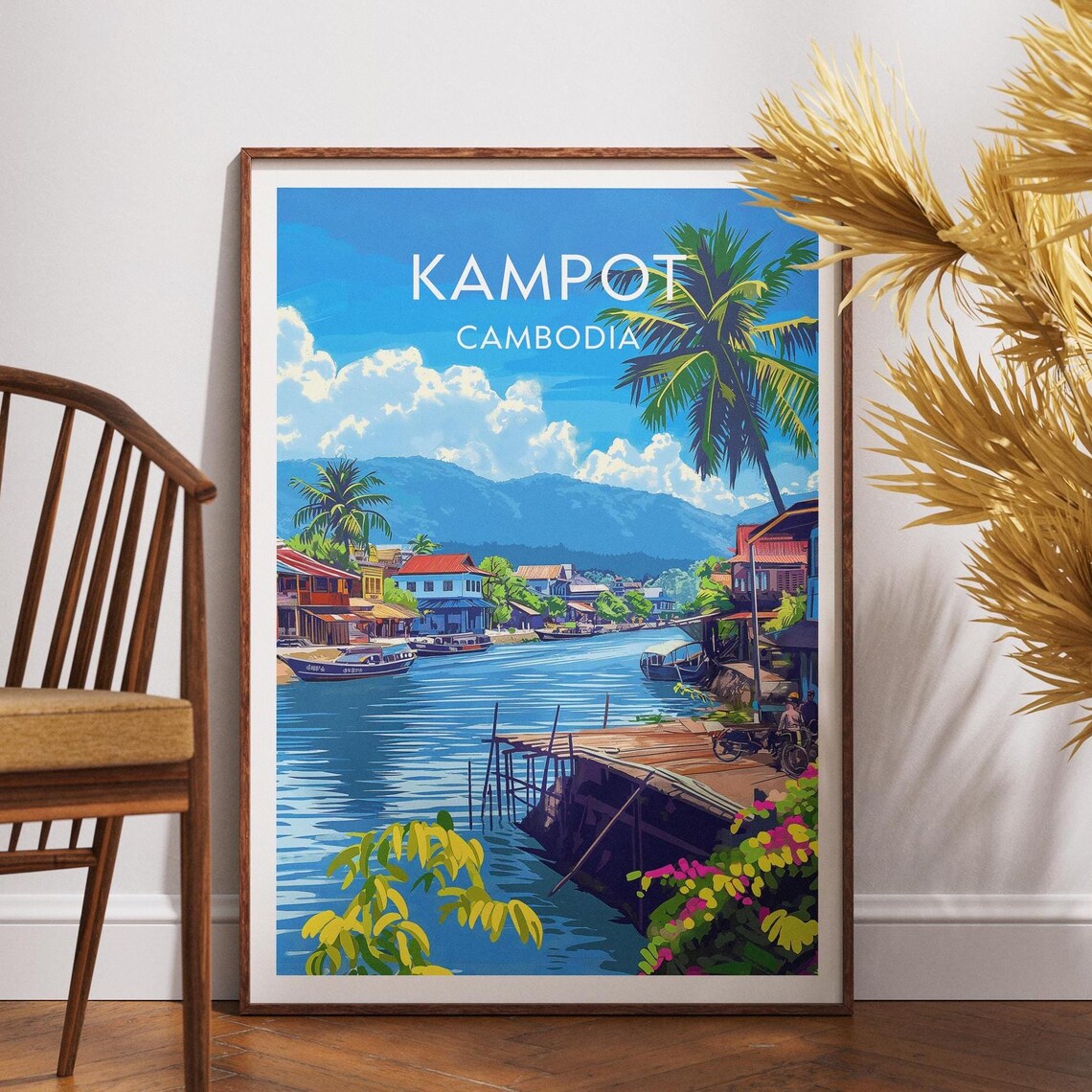 Kampot Cambodia Riverside Town Boats Palm Trees Travel Poster