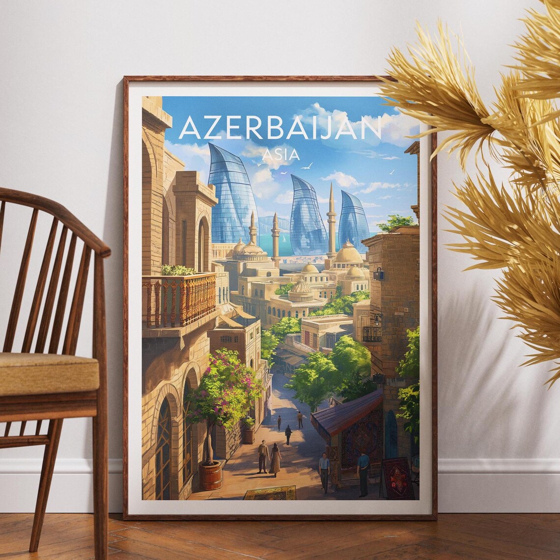 Azerbaijan Asia Baku Old City Flame Towers Sunny Vintage Travel Poster