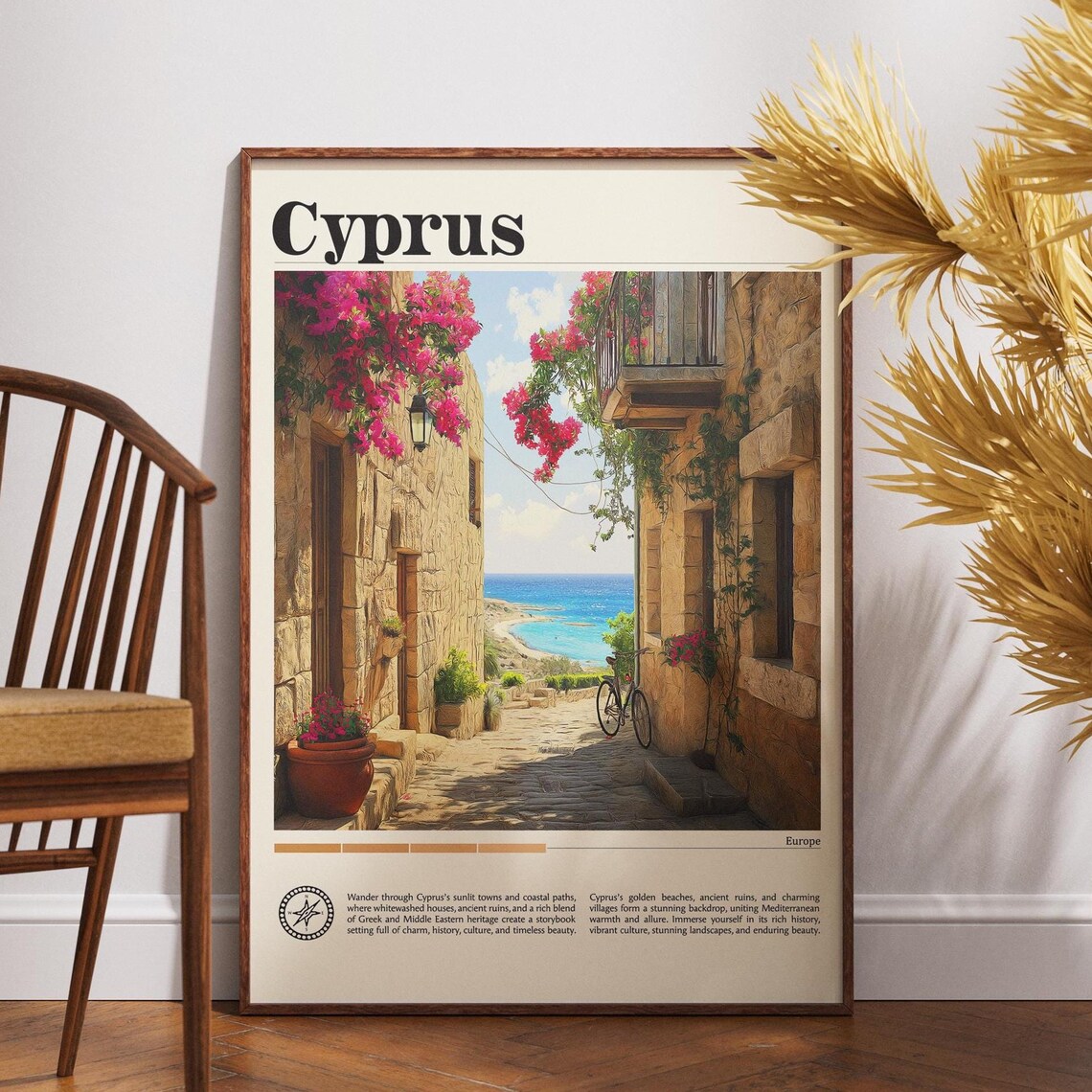 Cyprus Stone Alley Bougainvillea Sea View Mediterranean Travel Poster