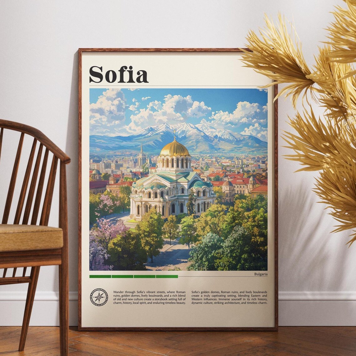 Sofia Bulgaria Travel Poster Golden Dome Cathedral Mountain City Art