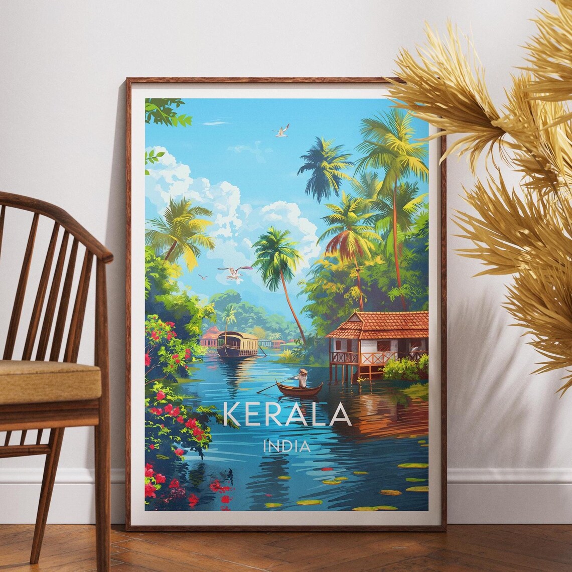 Kerala India Backwaters Houseboat Tropical Canal Travel Poster