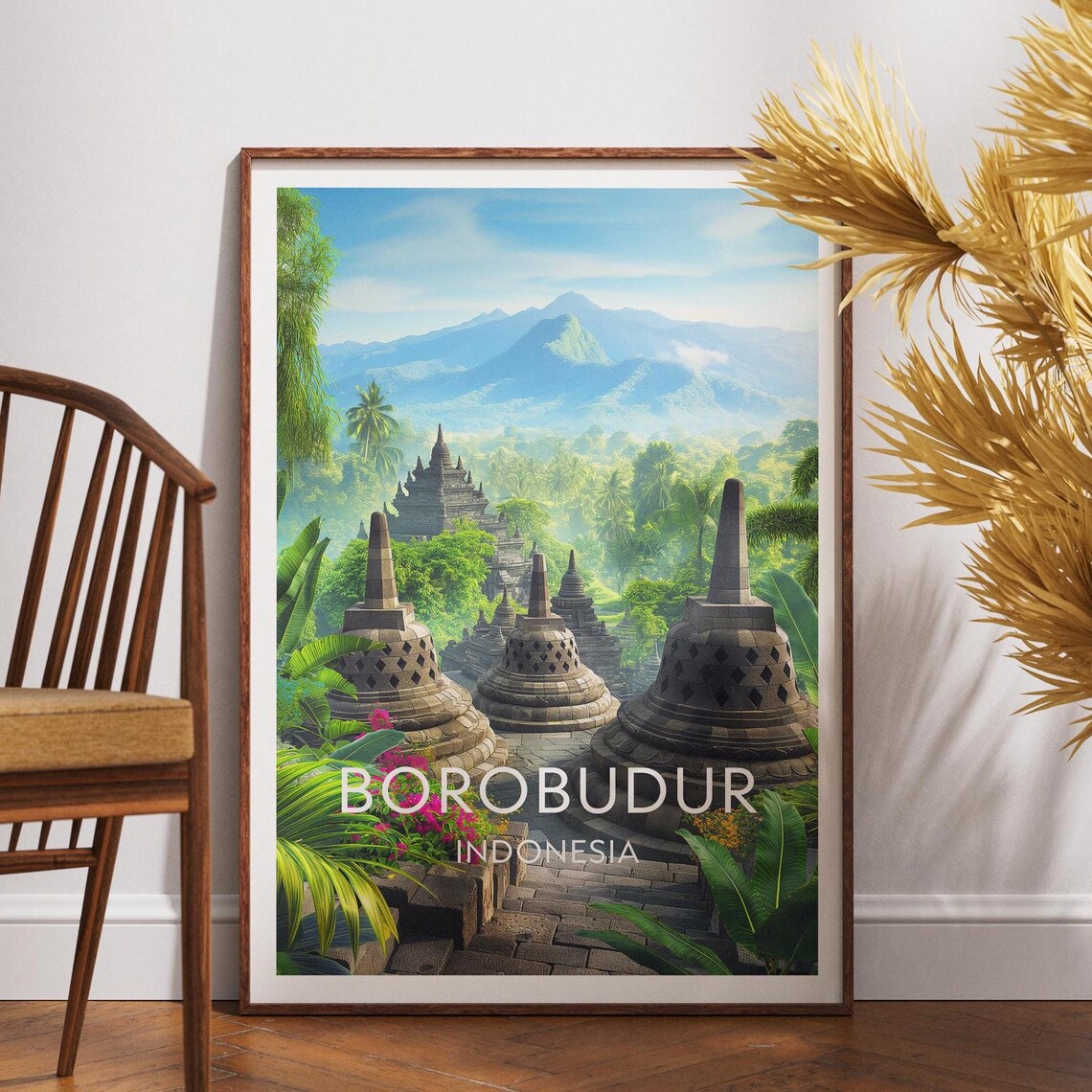 Borobudur Indonesia Travel Poster Ancient Temple Stupas Jungle