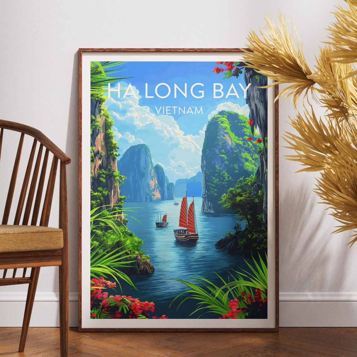 Ha Long Bay Vietnam Limestone Karsts Red Sails Junk Boat Travel Poster