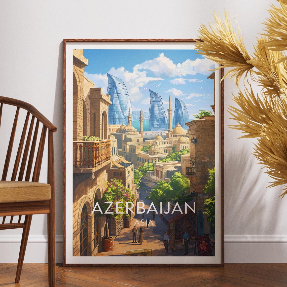Azerbaijan Asia Baku Flame Towers Old City Skyline Vintage Travel Poster